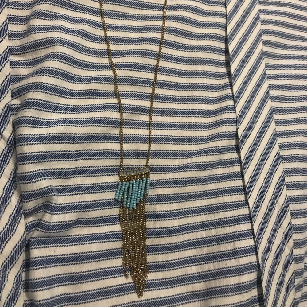 Blue and gold beaded long necklace